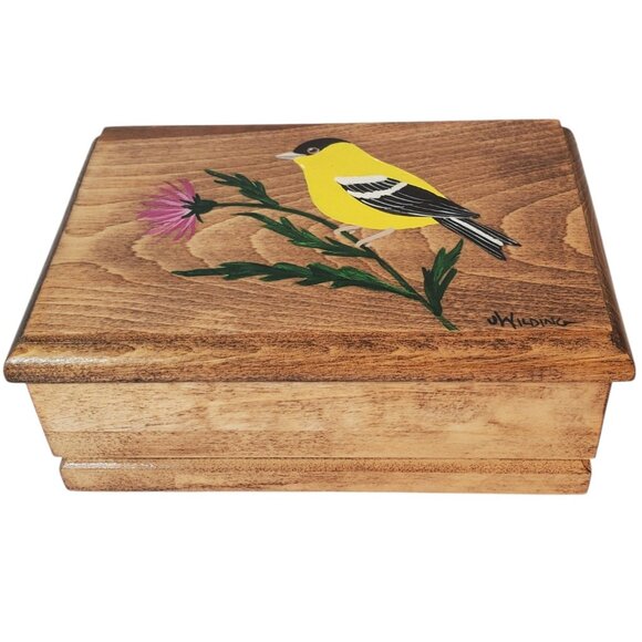 Wood Trinket Box - Hand Painted American Goldfinch Bird on Lid. Signed - Picture 1 of 8